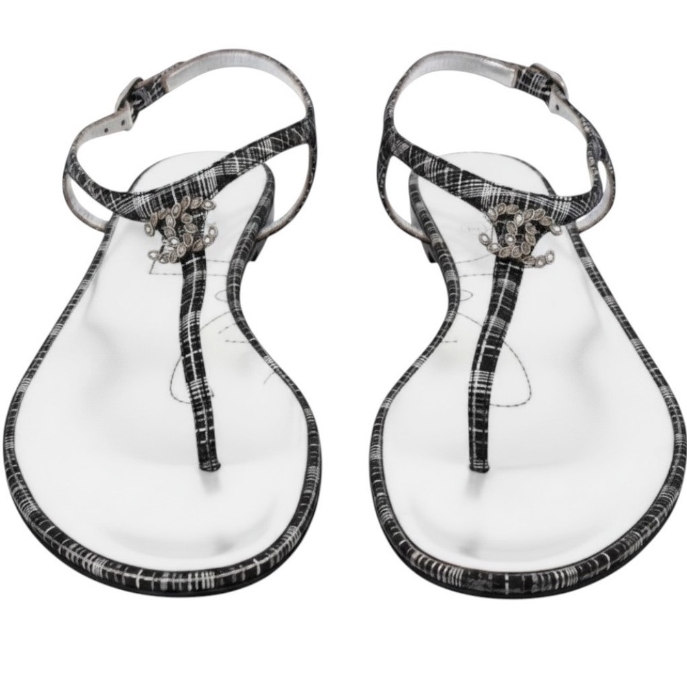Chanel CC Logo Tweed T-Strap Sandals Black White Silver Crystal Flat 37.5 Italy